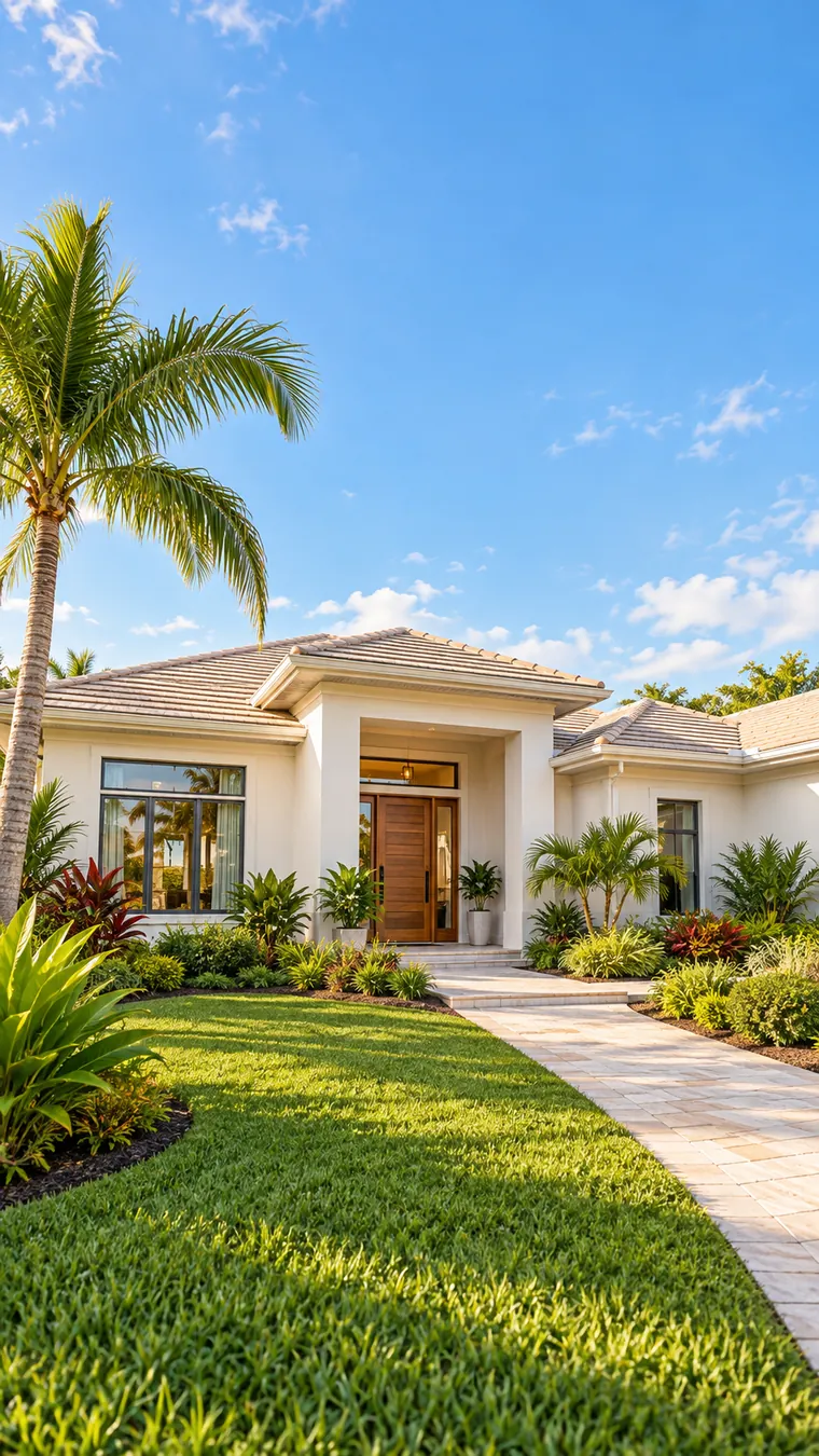 Illustrative Florida home with white stucco, tropical landscaping and a welcoming front entrance